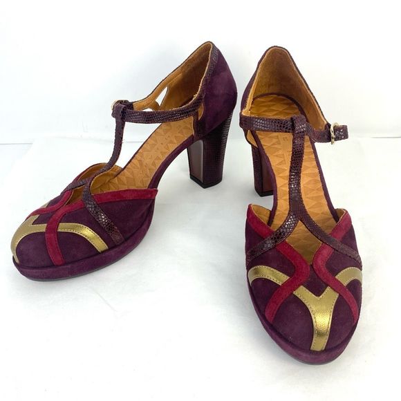 Chie Mihara 
Myla Suede Pumps Croc Textured Leather Gold T Strap Women’s - Picture 3 of 13